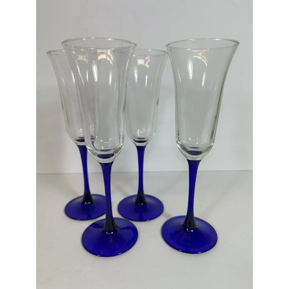 Cristal D'Arques Glasses Americana Blue Stem Champagne Flutes Flared Set Of 4